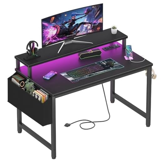 Lufeiya Small Desk with Power Outlets and LED Lights, 32 Inch Teen Writing Study Table Home Office Computer Desks with Monitor Stand, Gaming Desk with Charging Station, Black
