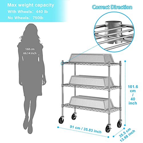 Auslar 3-Shelf Storage Shelves With Casters Heavy Duty 3-Tier Rolling Cart Utility Racks Adjustable Wire Metal Storage Shelving, Chrome #TOP4