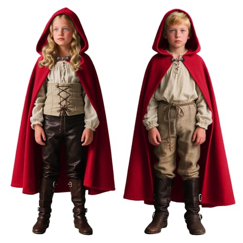 CNVAUIE Mittelalter Umhang Renaissance Kapuzenmantel Hexenmantel Halloween Kostüme Umhang (Rot 110-130(4Y-8Y))