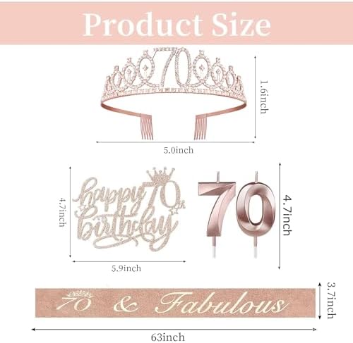 70th Birthday Decorations for Women, Including Sash, Crown/Tiara, Candles, Cake Topper, 70th Birthday Gifts for Women