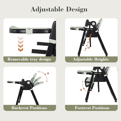 Image of Foldable Baby High Chair with 150 Swing & Recline,Convertible High Chairs for Babies and Toddlers,5 Height Levels,3 Backrest & Footrest Positions,Removable Double Tray,Lockable Wheels (Dark Green)