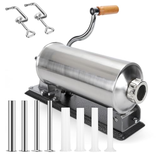 Sausage Stuffers Sealing Silicone Ring Design,Stainless Steel 3L Sausage Makers, Removable For Cleaning Horizontal Meat Filling Machine Packed 8 Stuffing Tubes, Fixtures