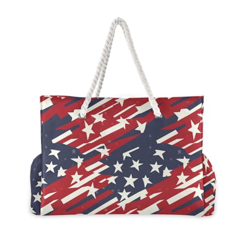 JUNZAN American Flags Beach Tote Bag with Handles Swim Pool Bag Beach Totes Bags for Women with Waterproof Pockets Blue and Red3