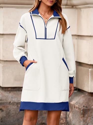 Image of Wenrine Womens Half Zip Sweatshirt Dress Fall V Neck Contrast Mini Dresses