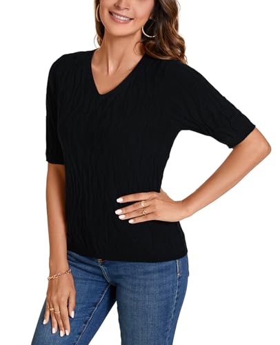 Image of MINTLIMIT Womens Short Sleeve Sweater Summer Pullover Shirt Tops Texture V Neck Casual Knit Tees Tops