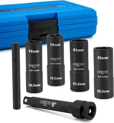 Image of NEIKO 02290B Lug Nut Socket Set, 1 /2 inch Impact Thin Wall Flip Socket Set, Half Size Wheel Socket Set, Metric 6 Piece, 5 inch Extension Bar & Knockout Bar, 18.5mm, 19.5 mm, 21.5mm, and 22.5 mm (Pack of 10)
