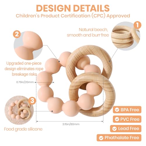 Image of Socub Baby Teething Toys for 0-6 6-12 Months- BPA-Free Food-Grade Silicone & Natural Beech Wood Teether Ring for Newborn Infants Teething Relief- Easy-Grip Sensory Rattle Toys(Blush)