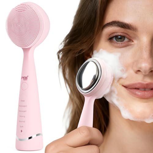 PRITECH Facial Cleansing Brush, Rechargeable Silicone Face Scrubber with Constant-Temperature Heating, Vibrating Exfoliator Scrubber for Deep Pore Cleaning, Waterproof Face Brush for Women & Men -Pink