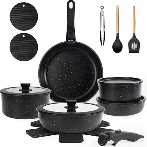 Empune 20 Pcs Pots and Pans Set Non Stick, Nonstick Cookware Set Detachable Handle, Non Toxic Induction Kitchen Cookware Sets RV Cooking Set, Dishwasher/Oven Safe Cookware Set, Black Cover