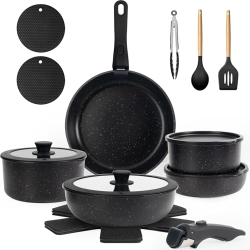 Empune 20 Pcs Pots and Pans Set Non Stick, Nonstick Cookware Set Detachable Handle, Non Toxic Induction Kitchen Cookware Sets RV Cooking Set, Dishwasher/Oven Safe Cookware Set, Black