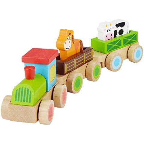 Children's Wooden Farm Train Toy: Stacking Train with Animals, Horse and Cow Transporter - Brightly Painted Push-Along Toy. Suitable from 12months, 1yr, boy, Girl, Baby, Toddler Toy Cover