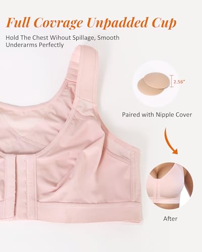 Image of HACI Women's Front Closure Posture Bra Full Coverage Back Support Wireless Comfy Unpadded(Pink,34C)