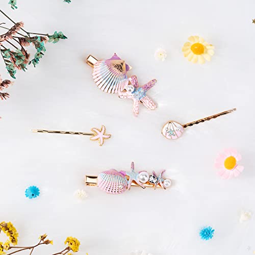 Beshiny 4 Pcs Starfish Seashell Hair Clips Pearl Barrettes Alloy Mermaid Hair Accessories For Women Girls Beach Wedding Supplies, Colorful #TOP3