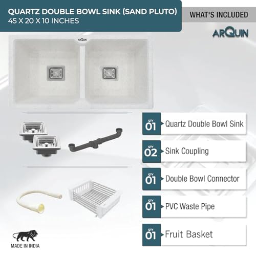 Image of ARQUIN Double Bowl Quartz Kitchen Sink 45x20x9 Inch Sand Pluto | Undermount,Topmount | Including Coupling,Sink Connector,Waste Pipe & Fruit Washing Basket