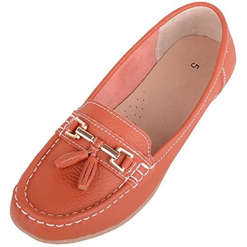 ABSOLUTE FOOTWEAR Womens Slip On Casual Leather Loafer/Deck/Boat Shoes/Sandals - Orange - UK 6