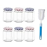 Glass Jam Jars 6 Pack Hexagonal Storage Glass Jars with Screw Top Red and Blue Gingham Lids 280ml / 9oz Clear Airtight Preserving Glass Jars with Brush, for Marmalade Honey Spices Pickle Chutney