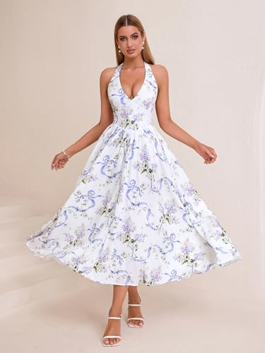 Image of Parthea Women's Gingham Halter V Neck Midi Dress Corset Smocked Sundress Flowy A Line Wedding Guest Dresses