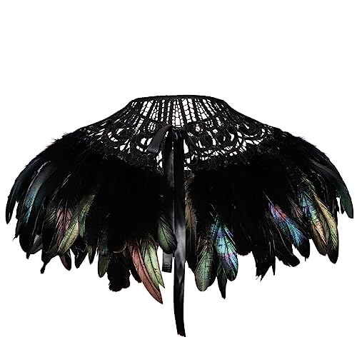 L'VOW Real Black Feather Harness Lace Collar Shoulder Shawl Bib Halloween Costume(Black-003)