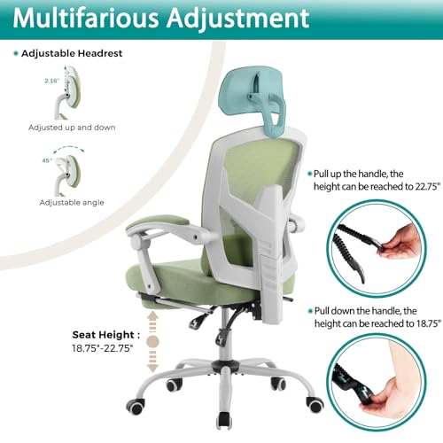 DUMOS Office Desk Chair with Footrest Ergonomic Gaming Chair for Adults Computer Mesh, Lumbar Support,Swivel Reclining with Headrest, Comfy Armrest for Home, Office, Work, Study, Light Green - Image 6