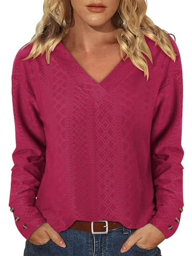 KISSMODA Business Casual Tops For Women Fall Fashion 2025 Blouses Shirts Elegant Long Sleeve Trendy Outfits V Neck Button Tunic Hot Pink XL