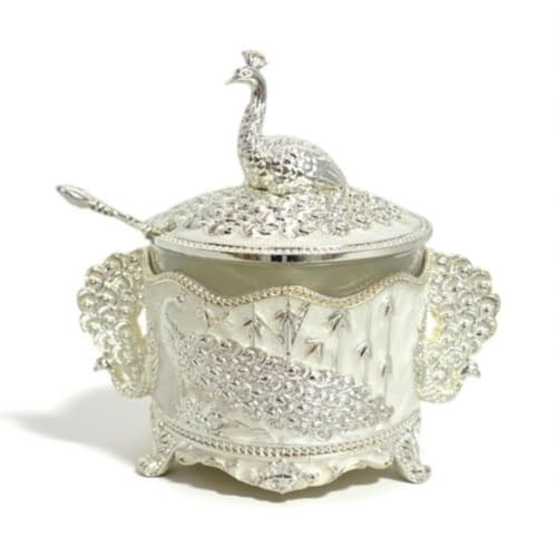 Image of Premium Decorative Peacock Design Sugar Pot | Jar with Spoon | German Silver-Plated Embossed Peacock Glass Container for Home Decor, Kitchen & Gifting
