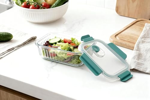 Image of STEGL 640ml Rectangle Glass Food Container - Airtight Storage Container with Vented Cool Lock PP Lid | Meal Prep Box with Smart Slip-Vent | Microwave & Fridge Safe | Striped Embossed Design