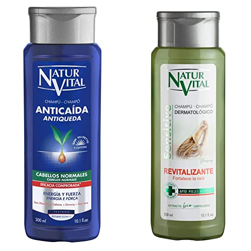NaturVital Naturaleza y Vida Champú Anticaída Cabellos Normales, Azul, Fresh, 300 Mililitros & Champú Sensitive Revitalizante con Ginseng | Para Pieles Sensibles y atópicas | Sin Parabenos - 300 ml