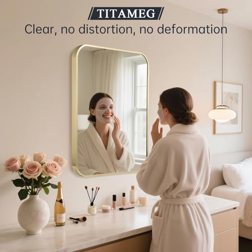 TITAMEG Gold Bathroom Mirror for Over Sink, 30"x36" Aluminum Frame Rectangle Wall Mirror, Modern Decorative Vanity Mirror for Living Room, Bedroom by TITAMEG - Used condition - Image 2