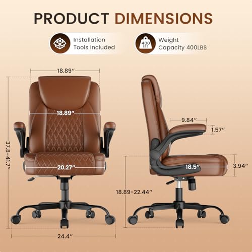 Image of GTPLAYER Leather Office Chair, Home Desk Chair with Flip-up Arms and Ergonomic Back - Comfy Heavy Duty Executive Chair for Home Office Gaming, Brown