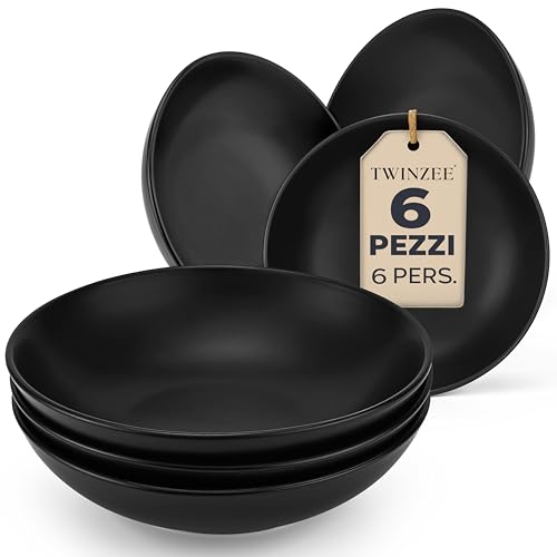 Twinzee Piatti fondi Neri Moderni - Set piatti Neri Mpoderni, 6 persone - Elegante Servizio Piatti - Adatti a Microonde - Collezione Ebony