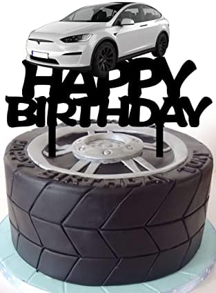 Electric Car Cake Topper Tesla Model Y Happy Birthday Cake Topper for Car Theme Birthday Party Decorations
