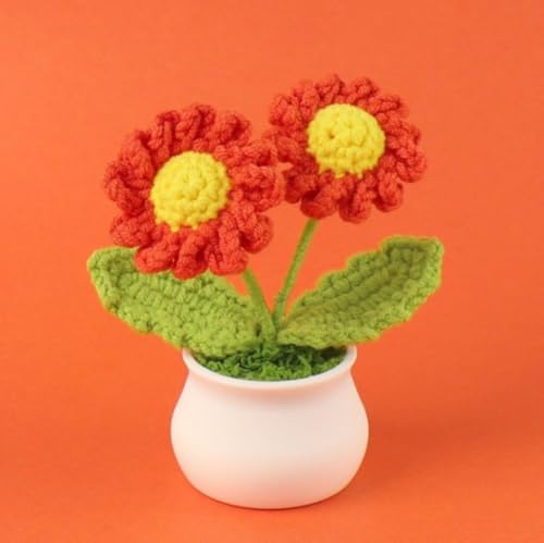 Image of VRB DecTM 1 Pcs Crochet Flowers Artificial Twin Sunflower for Office Desk Car Dashboard Decor,Home Decoration,Festival,Office, Bedroom, Christmas Decor. (Twin Red Sunflower with Pot)