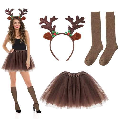 TUONYIS 3 Pezzi Costume Renna Donna Renna con Orecchie e Corna, Orecchie di Tutu, Calzini di Renna, Costume da Animale per Bambini Adulti Carnival Halloween Natalizio Cosplay (Marrone)