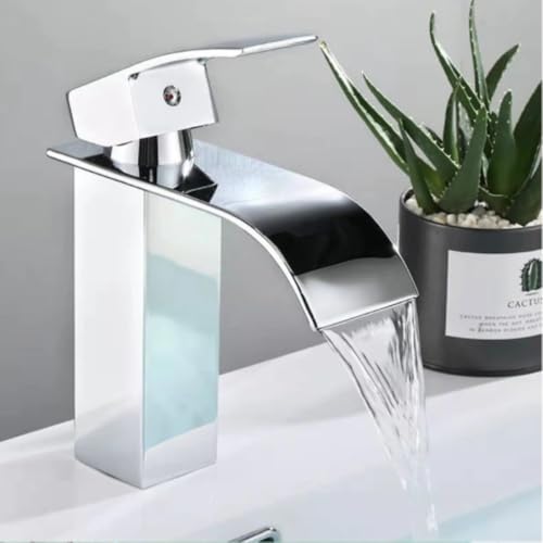 Grifo Lavabo Cascada, Grifo Baño con Acabado Cromado, Agua Fría y Caliente disponible, Inserción de la válvula de cerámica, Grifo de Estilo Moderno y Poco Ruidoso