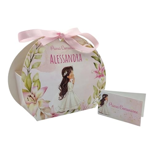 24 Bomboniere Comunione Bambina Personalizzate, Bomboniera Comunione Bambina, personalizza e modifica la quantità di Scatoline Portaconfetti complete di Bigliettino e Nastrino PV Grafik(Tunna15C)