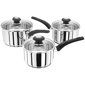 Judge Essentials Stainless Steel Set of Pans, 3-Piece Set, 16cm, 18cm & 20cm Saucepans, Vented Glass Lids, Induction Ready