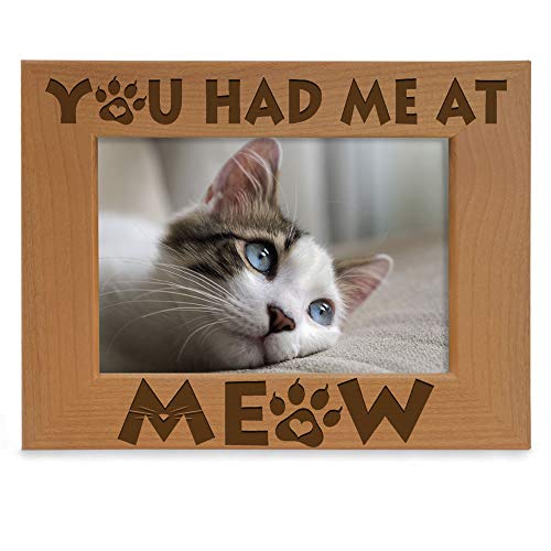 KATE POSH - You had me at Meow Natural Wood Engraved Wood Picture Frame, Cat Lover Gifts, Cat & Kitty Paws, I Love My Cat Gifts, Best Cat Ever Gifts, Rescued Cat (4x6-Horizontal)