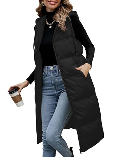 Damen Steppweste Lang mit Kapuze Ärmellos Winterweste Daunenfüllung Leicht Warm Outdoorweste Übergangsweste für Herbst und Winter Damen Steppweste Lang mit Kapuze Ärmellos Winterweste Daunenfüllung Leicht Warm Outdoorweste Übergangsweste für Herbst und Winter