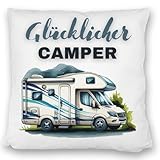 speecheese Wohnmobil Kissen satiniert mit Spruch Glücklicher Camper Wohnwagen-Zubehör Anhänger-Deko Mobiles Heim-Komfort Camping-Unterkunft Essentials