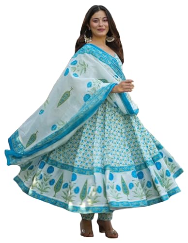 Image of GoSriKi Women's Rayon Viscose Printed Anarkali Kurta with Pant & Dupatta | Anarkali Suit for Women | Pure Cotton Suit Set for Women | Block Print Kurta Palazzo Dupatta Set