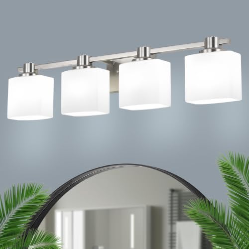 Image of 32 Inch Brushed Nickel Vanity Light for Bathroom 4 Light Bathroom Light Fixtures Over Mirror Milk Glass Makeup Shower Lamp Farmhouse Wall Sconce Modern Desk Vintage Rustic Bath Sink Lighting