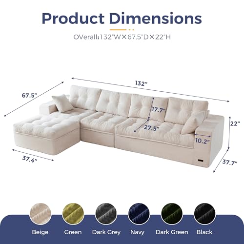 Image of MAXYOYO 132 inch L Shaped Modular Sectional Sofa with Ottoman, Cloud Boneless Couch with Layered Cushion, Upholstered Sofa in a Box, Flexible Module Combination for Living Room, No Assembly, Beige