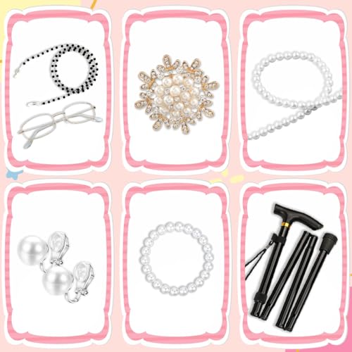 VillbeCoser 100 Days of School Old Lady Costume Set Grandma Dress Up Cosplay Accessories for Girls 13PCS PinkRose M by VillbeCoser - Image 5
