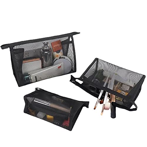 ZITEZHGO 3 Sets Clear Mesh Cosmetic Bag Small Makeup Bag Travel Makeup Organizer Black Makeup Pouch Toiletry Bag Purse (Black)