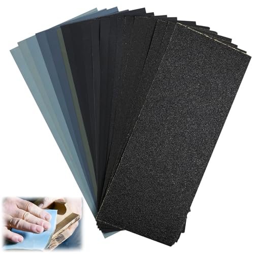 EuAcesry Papier de Verre, 19 Pièces Papier Abrasif Fin 10000/7000/5000/3000/2500/2000/1500/1200/1000/800/600/400/320/240/220/180/150/120/80 Grain 9 x 3,6 pouces, Papier à Poncer Carrosserie Bois Verre
