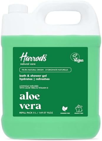 Harrods Aloe Vera Body Wash Refill Pack 5L | Liquid Soap For Body Wash | Shower Gel Refill Pack | Moisturises Dry Skin | Gentle Skin Cleanser | 100% Natural Fresh