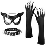 codree Halloween Cat Woman Costume Accessories, Black Cat Mask Cosplay Costume for Women, Faux Claw Gloves Necklace Outfit Set for Halloween Party Masquerade Night Club (Set A)