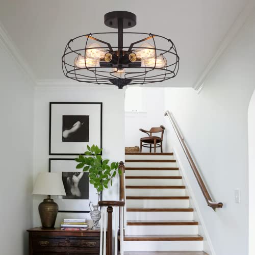 Jose2015 CEIL1221 Vintage Semi Flush Mount Ceiling Light Industrial Cage Ceiling Light Fixture Black 5-Light E26 Farmhouse Lighting cover