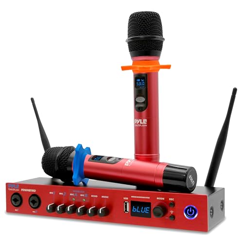 Pyle UHF 2-Channel Wireless Microphone System &ndash; Dual Handheld Mics with Bluetooth Receiver, Audio...