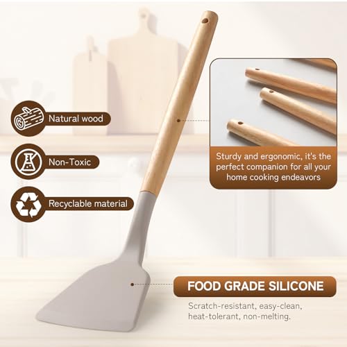 Silicone Kitchen Utensils Set 43 PCS for Cooking, Spatula Set with Wooden Handle, Cookware Nonstick Heat Resistant Kitchen Gadgets. Kitchen Tools with Holder (Khaki) - Image 5